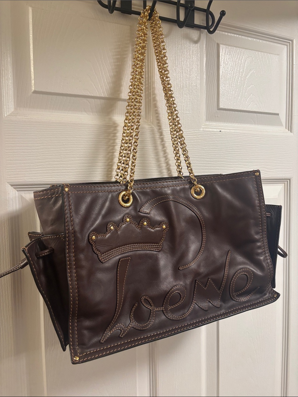 Loewe Dark Brown Leather Shoulder Bag with Gold Chain Handles